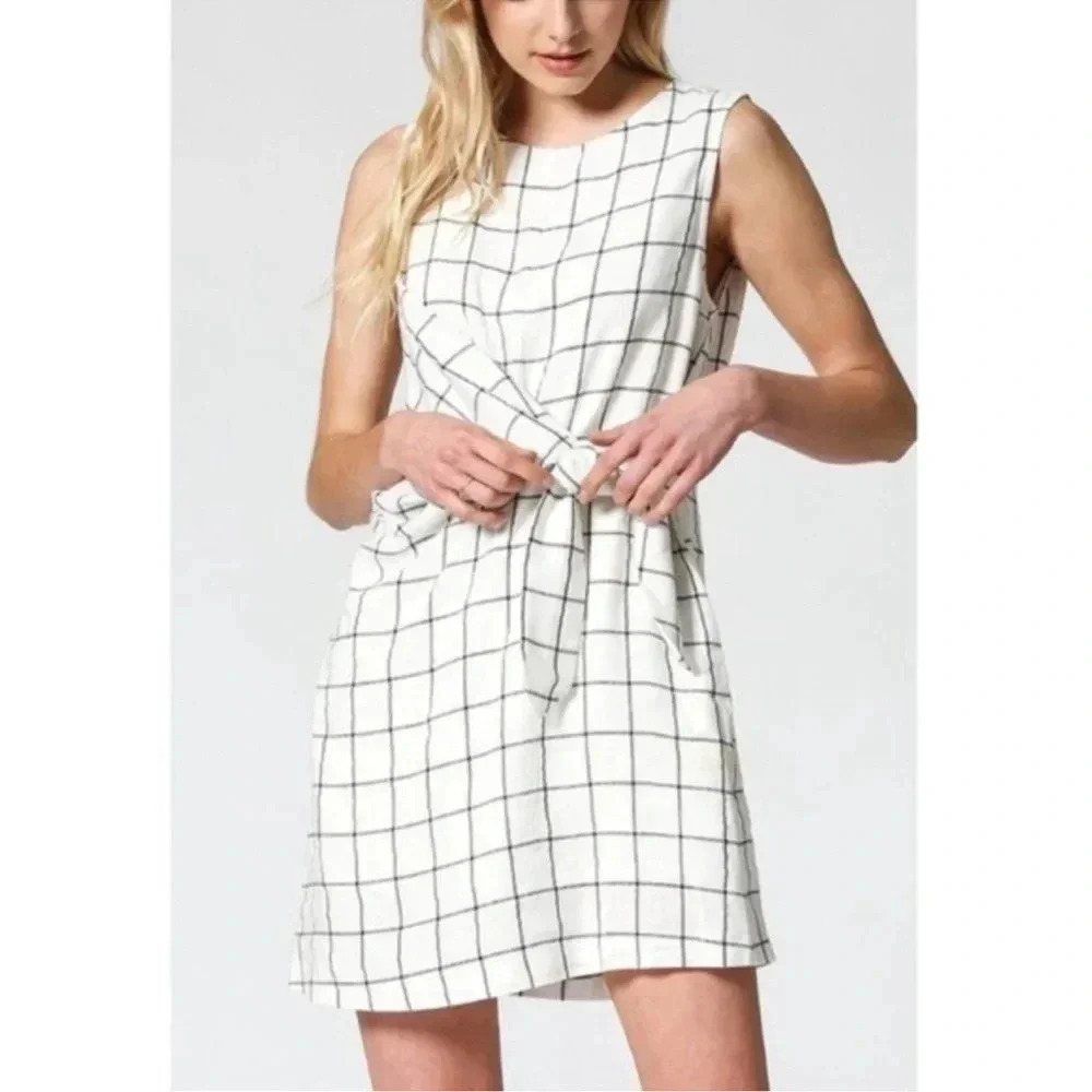 Fate Karla Checkered Linen Blend Side Front Tie Dress // Size Large